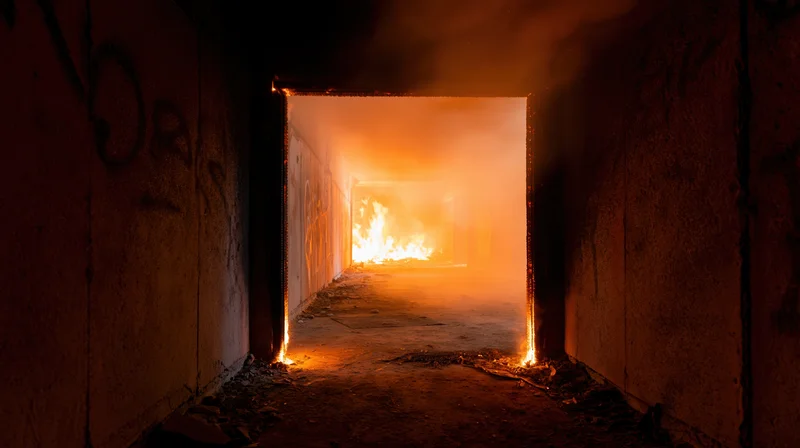 Burning hallway in an abandoned building with flames and smoke filling the corridor