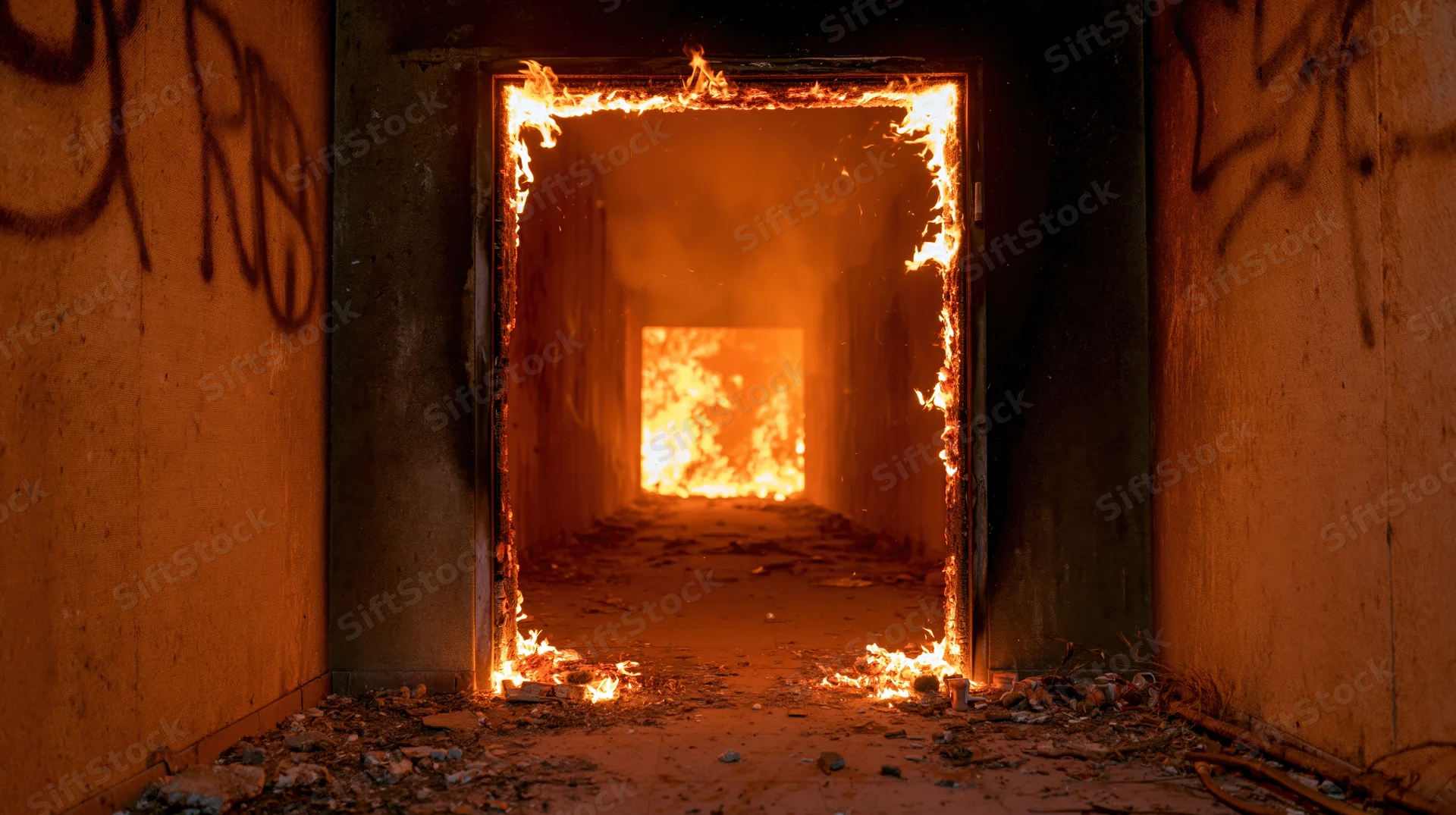 Burning hallway in an abandoned building with flames engulfing doorframes and debris on the floor