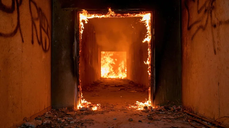 Burning hallway in an abandoned building with flames engulfing doorframes and debris on the floor