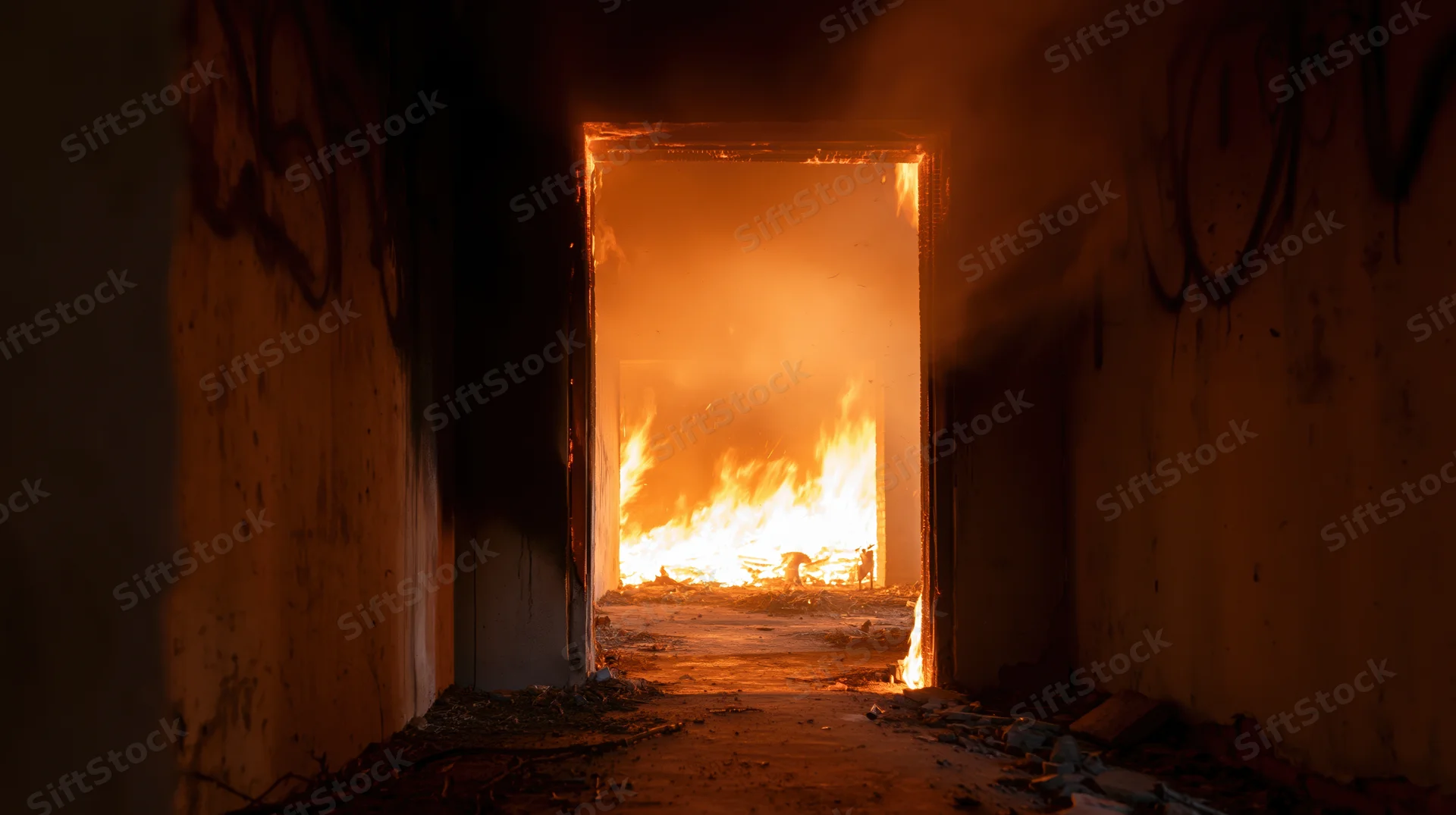 Flames burning through a doorway in an abandoned building hallway