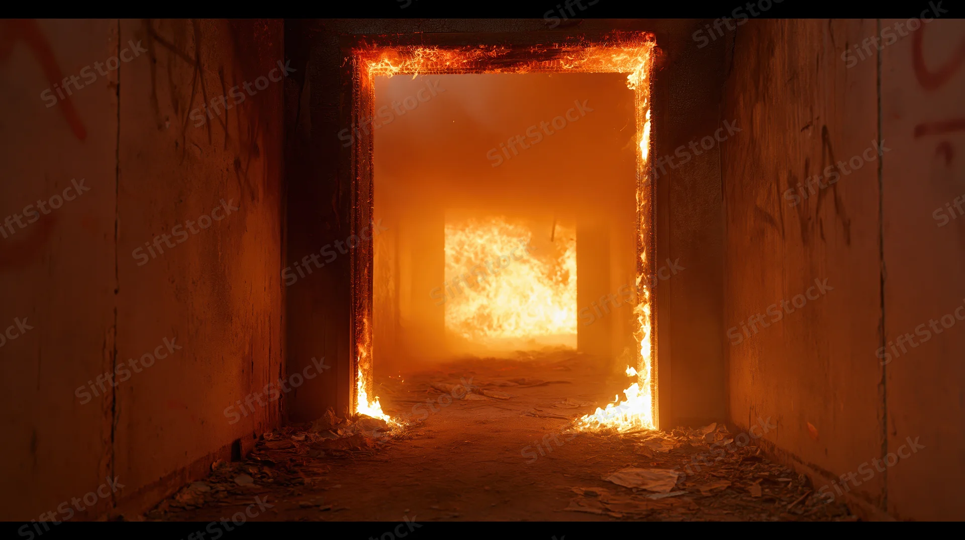 Burning hallway in an abandoned building with flames engulfing the doorframe and smoke filling the corridor