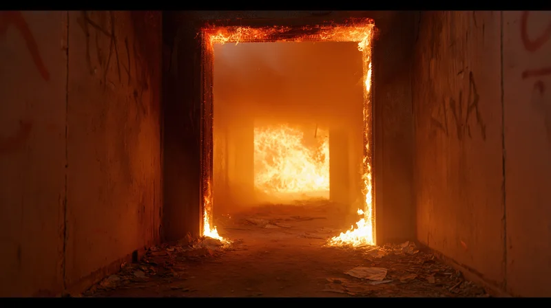 Burning hallway in an abandoned building with flames engulfing the doorframe and smoke filling the corridor