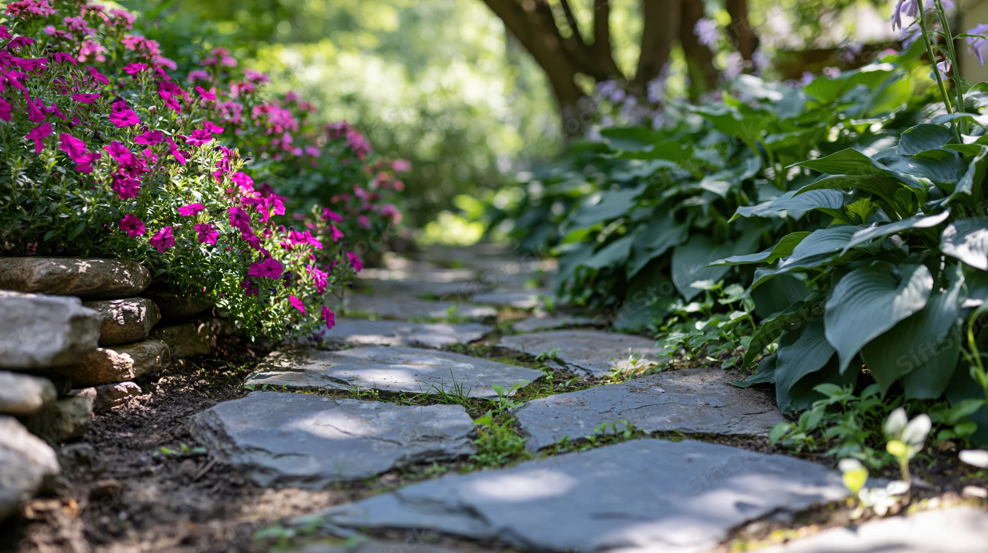 Irregular flagstone path winding through dense pink flowers and green foliage in a garden