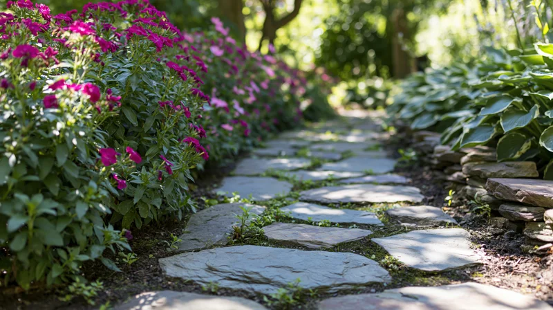 Irregular flagstone path winding through dense pink flowers and green foliage in a garden