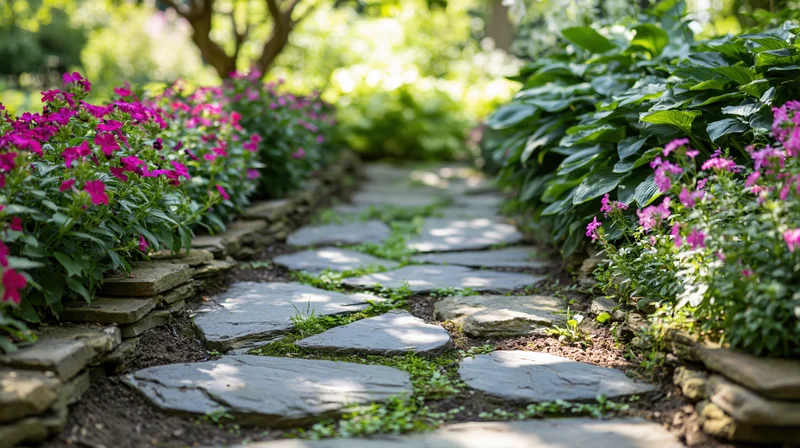 Winding flagstone path through flower beds in a lush garden