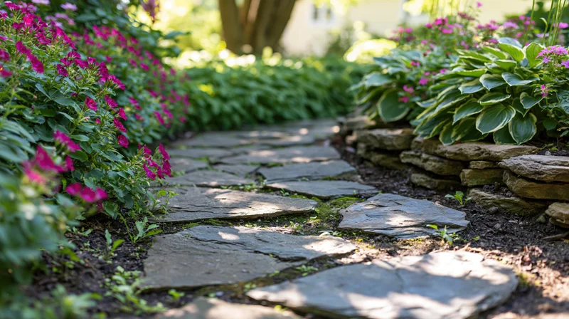 Winding flagstone path through flowerbeds in a garden