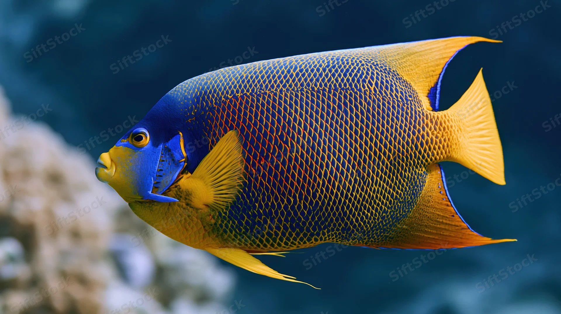 King angelfish swimming in profile through open water near coral reef