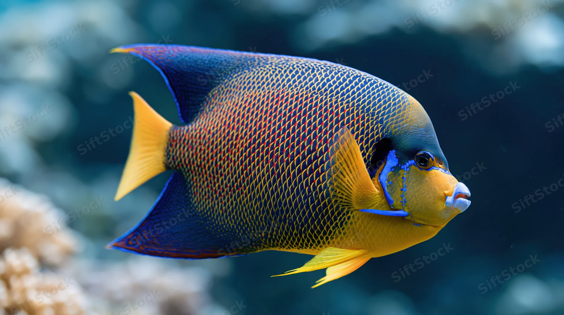 King angelfish swimming in profile through open water near coral reef