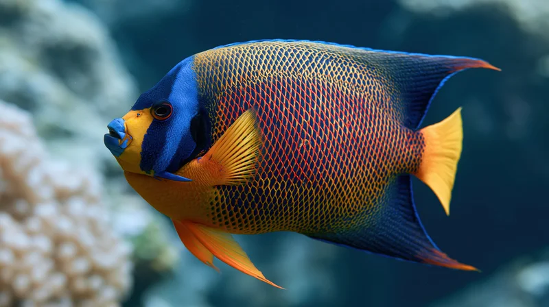 King angelfish swimming in profile through open water near coral reef