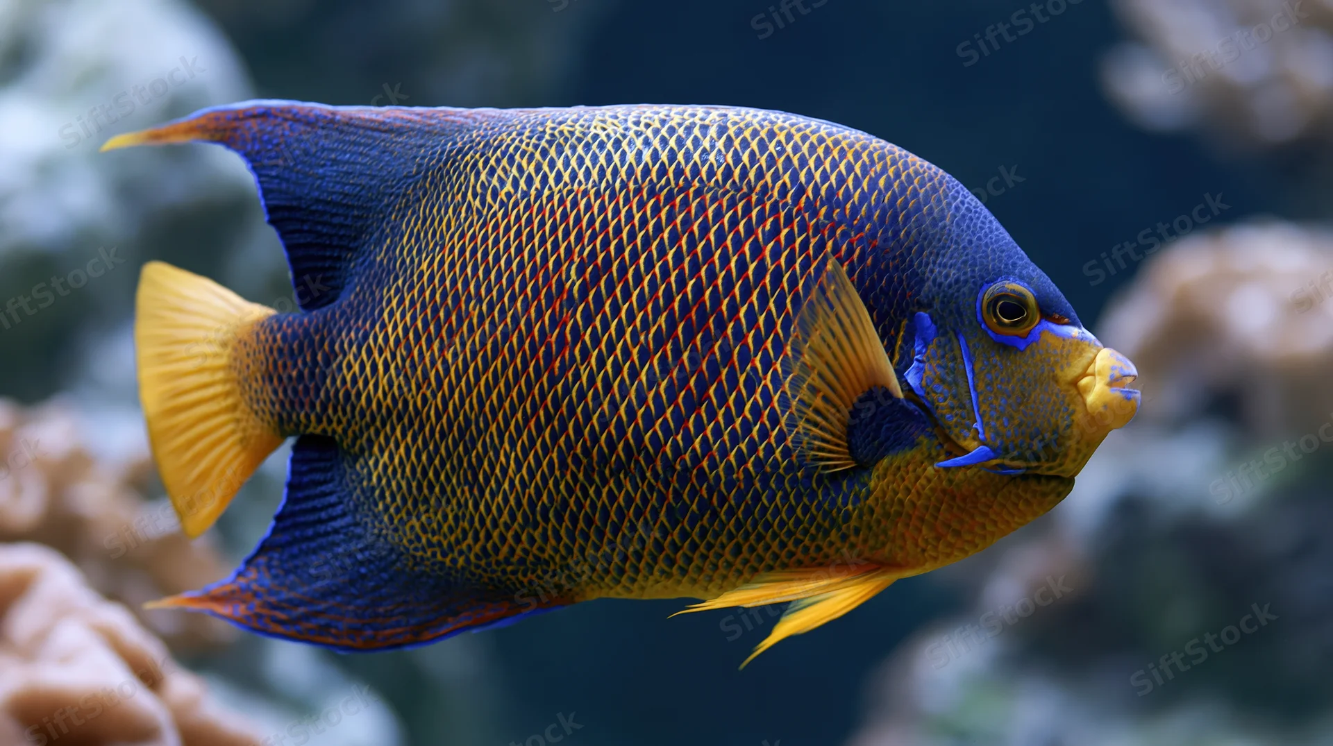 King angelfish swimming in profile through open water with coral in background