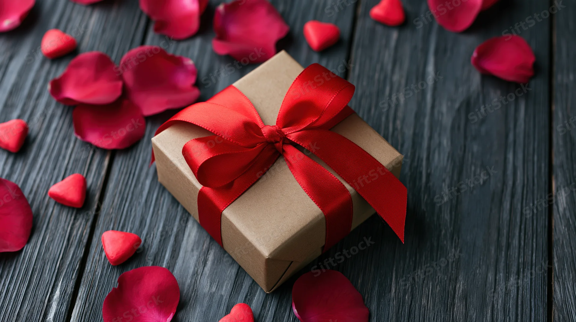 Gift box wrapped in kraft paper with red satin ribbon bow on dark wooden surface surrounded by rose petals and small red hearts