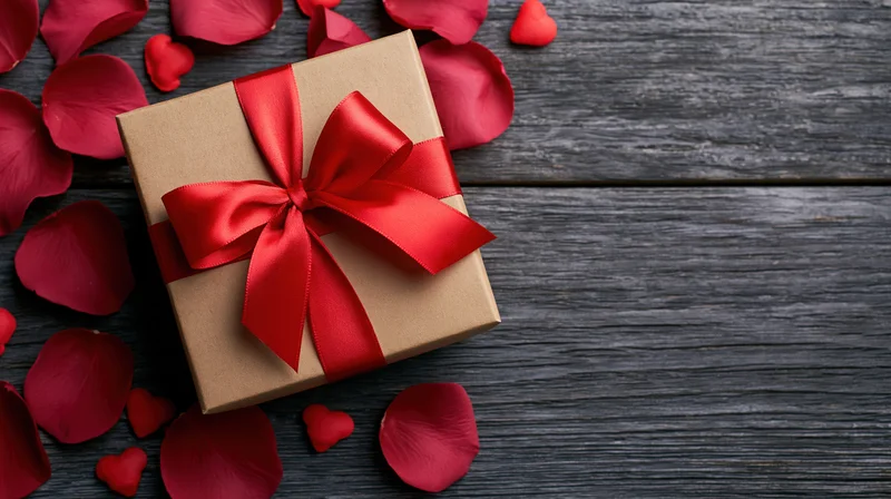 Gift box wrapped in kraft paper with red satin ribbon bow on dark wooden surface surrounded by rose petals and small hearts
