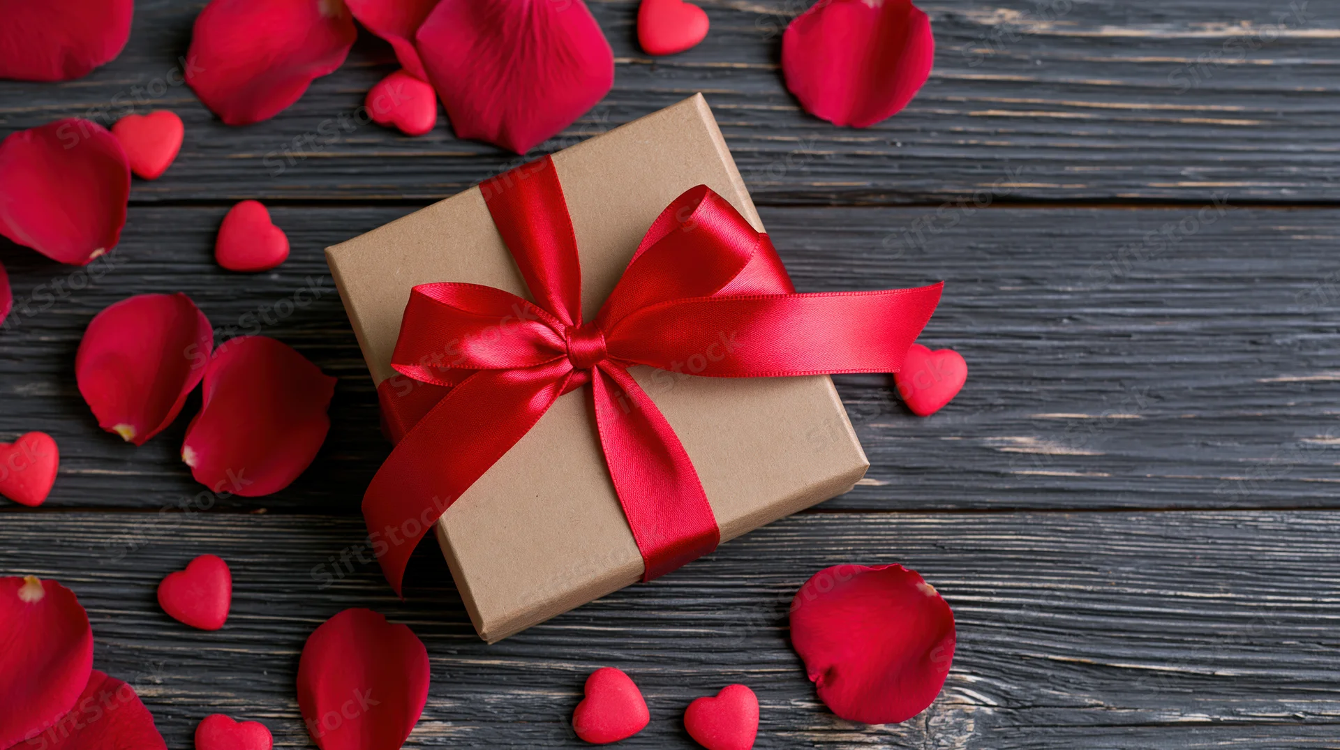 Gift box wrapped in kraft paper with red satin ribbon bow on dark wooden surface surrounded by rose petals and heart shapes