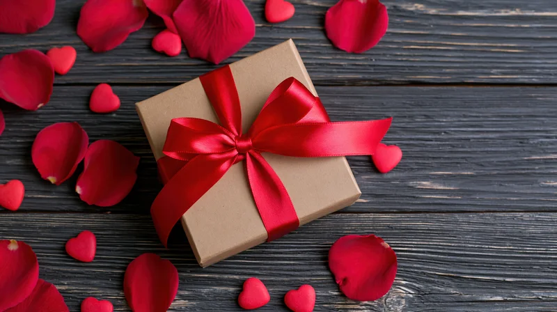 Gift box wrapped in kraft paper with red satin ribbon bow on dark wooden surface surrounded by rose petals and heart shapes