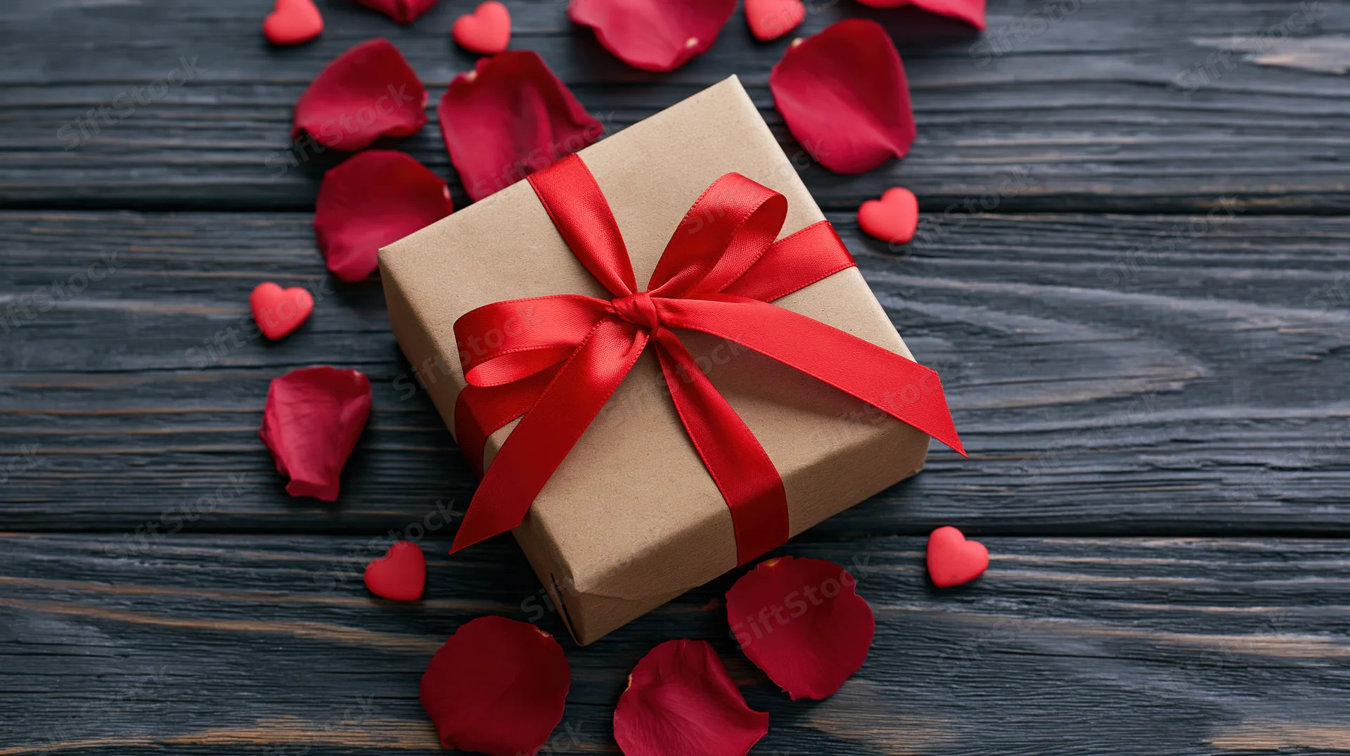 Gift box wrapped in kraft paper with red satin ribbon bow on dark wooden surface surrounded by rose petals and small hearts