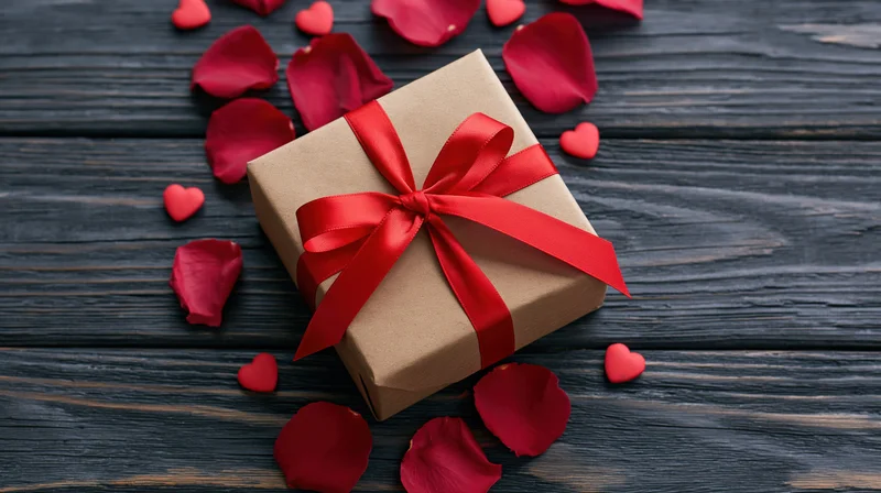 Gift box wrapped in kraft paper with red satin ribbon bow on dark wooden surface surrounded by rose petals and small hearts