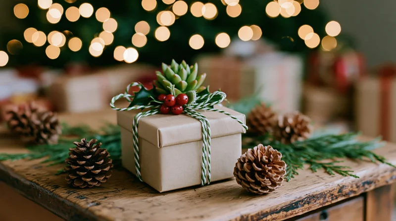 Kraft paper gift box tied with green-and-white twine and decorated with succulent and berries on wooden table with pinecones and blurred christmas lights behind