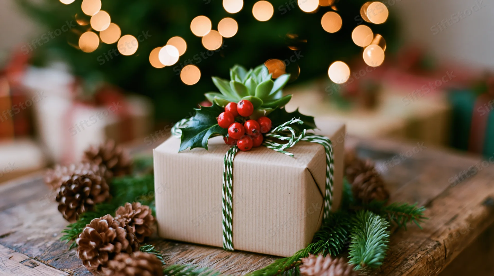 Gift box wrapped in kraft paper with holly and berries on wooden table near christmas tree lights