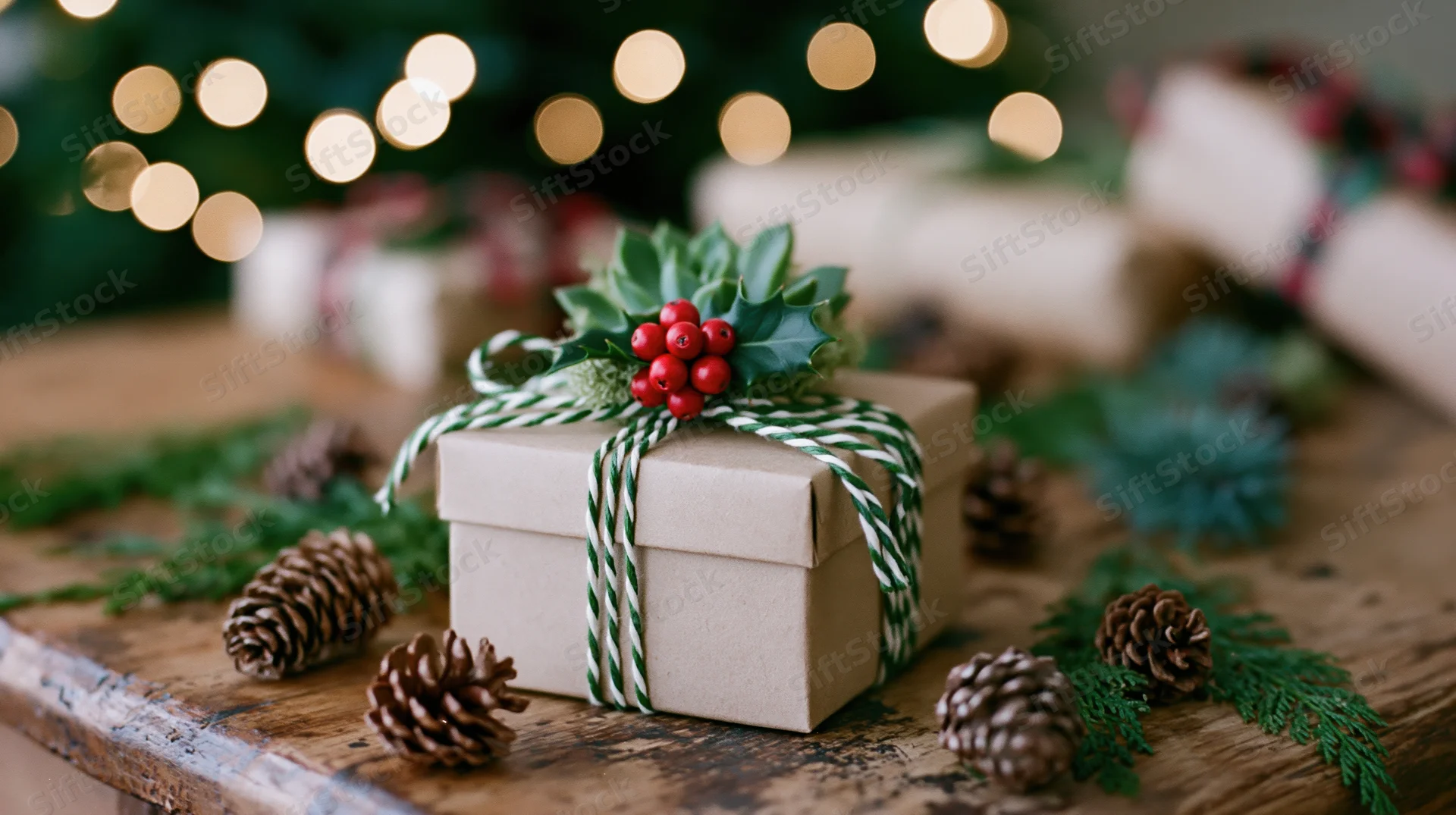 Kraft paper gift box tied with green-and-white twine and holly berries on a wooden table with pinecones and blurred holiday lights behind