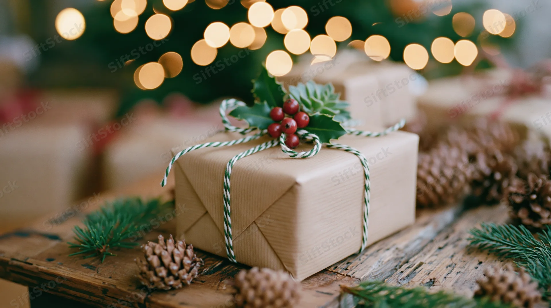 Gift box wrapped in kraft paper with twine and holly on wooden table near christmas tree lights