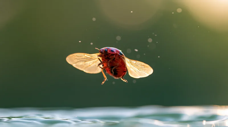 Ladybug in mid-flight with wings extended above rippling water surface