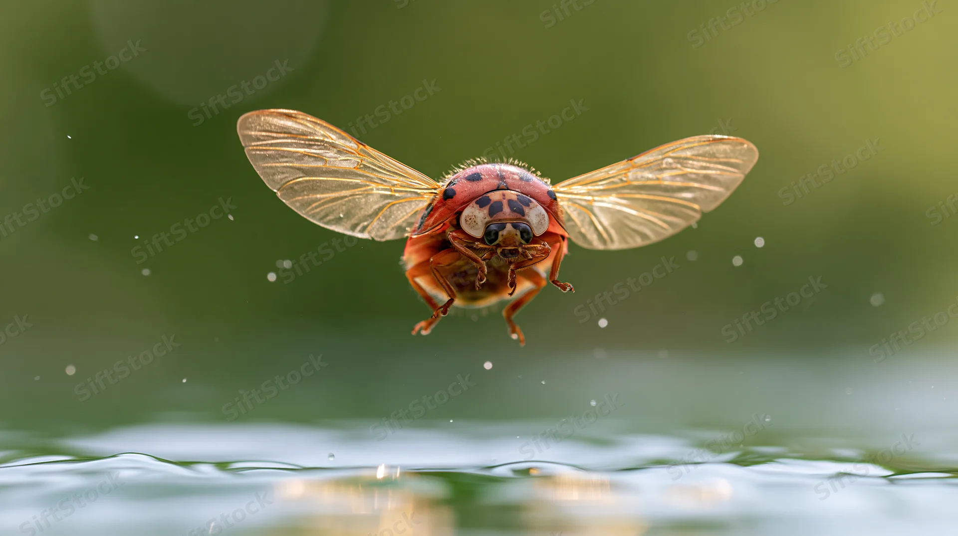 Ladybug in mid-flight hovering just above water surface with wings spread