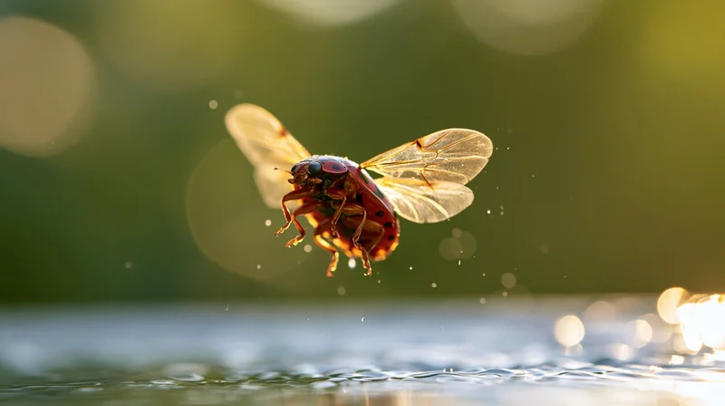 Ladybug in mid-flight above water surface with wings extended and sunlight glinting on ripples