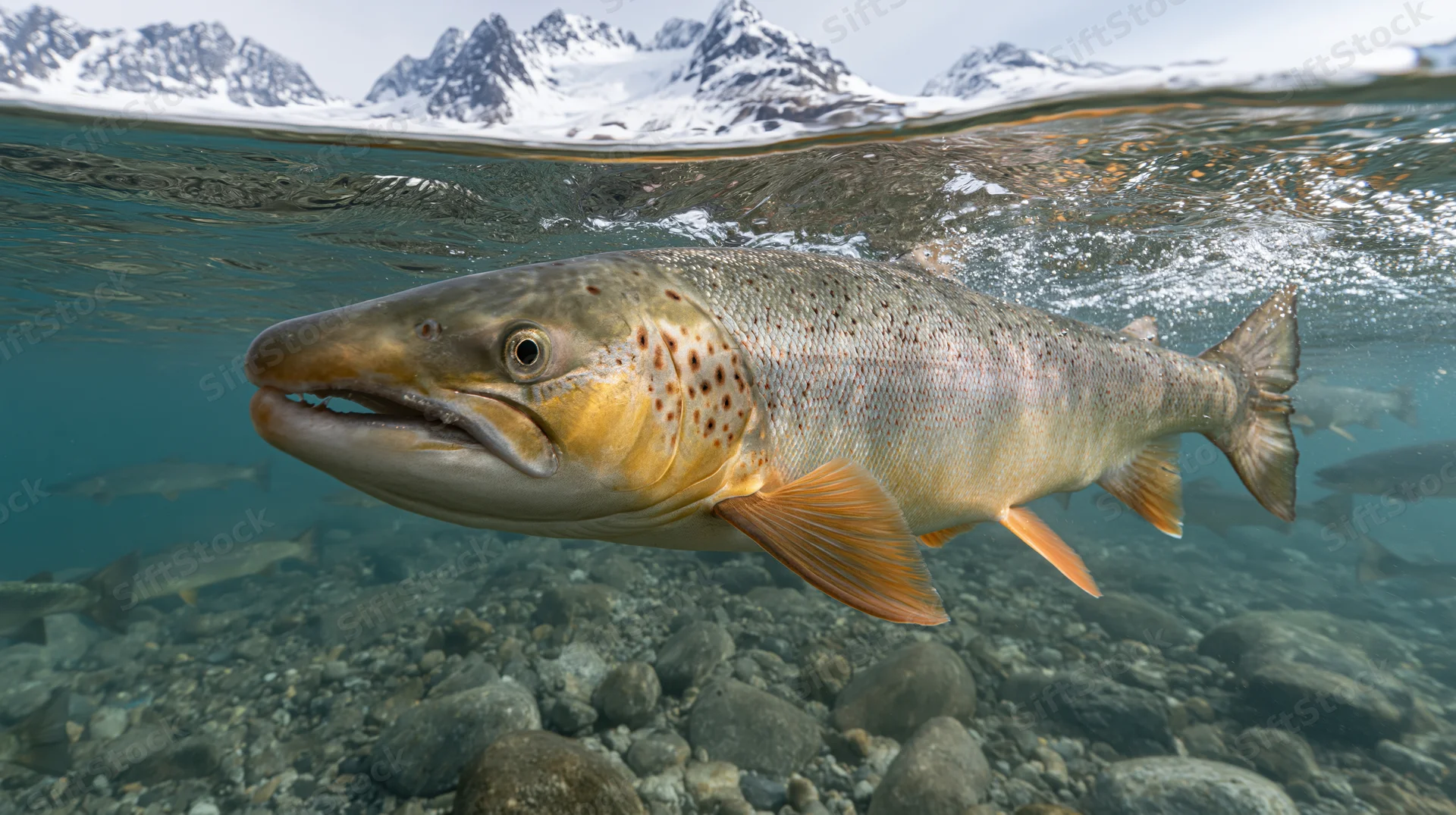 Large atlantic salmon swimming just below water surface in clear river with snowcapped mountains in background