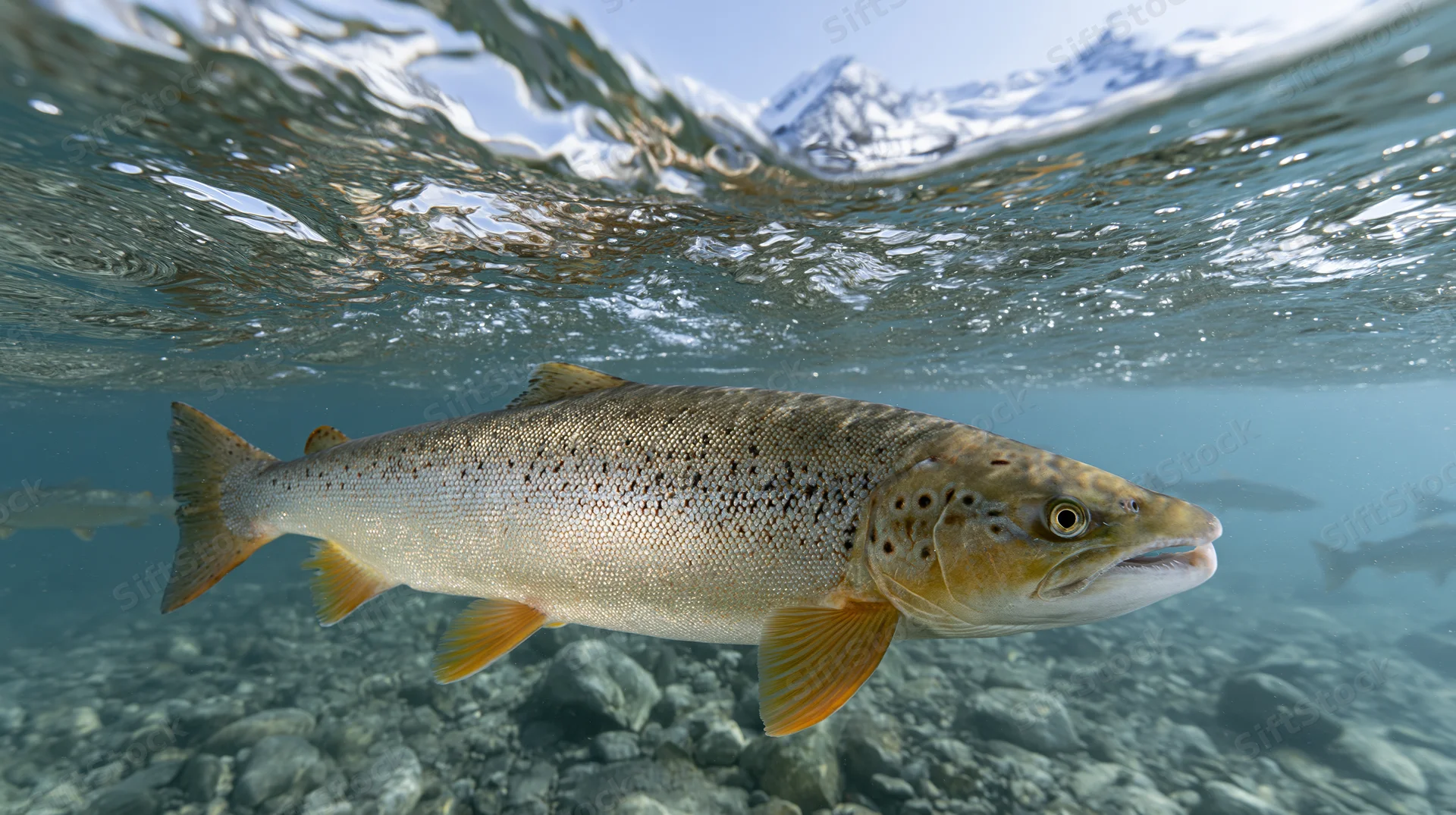 Atlantic salmon swimming just below water surface in clear river with snow-capped mountains above