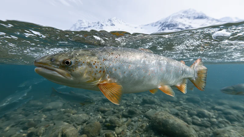 Large atlantic salmon swimming just below water surface in clear river with snowcapped mountains in background
