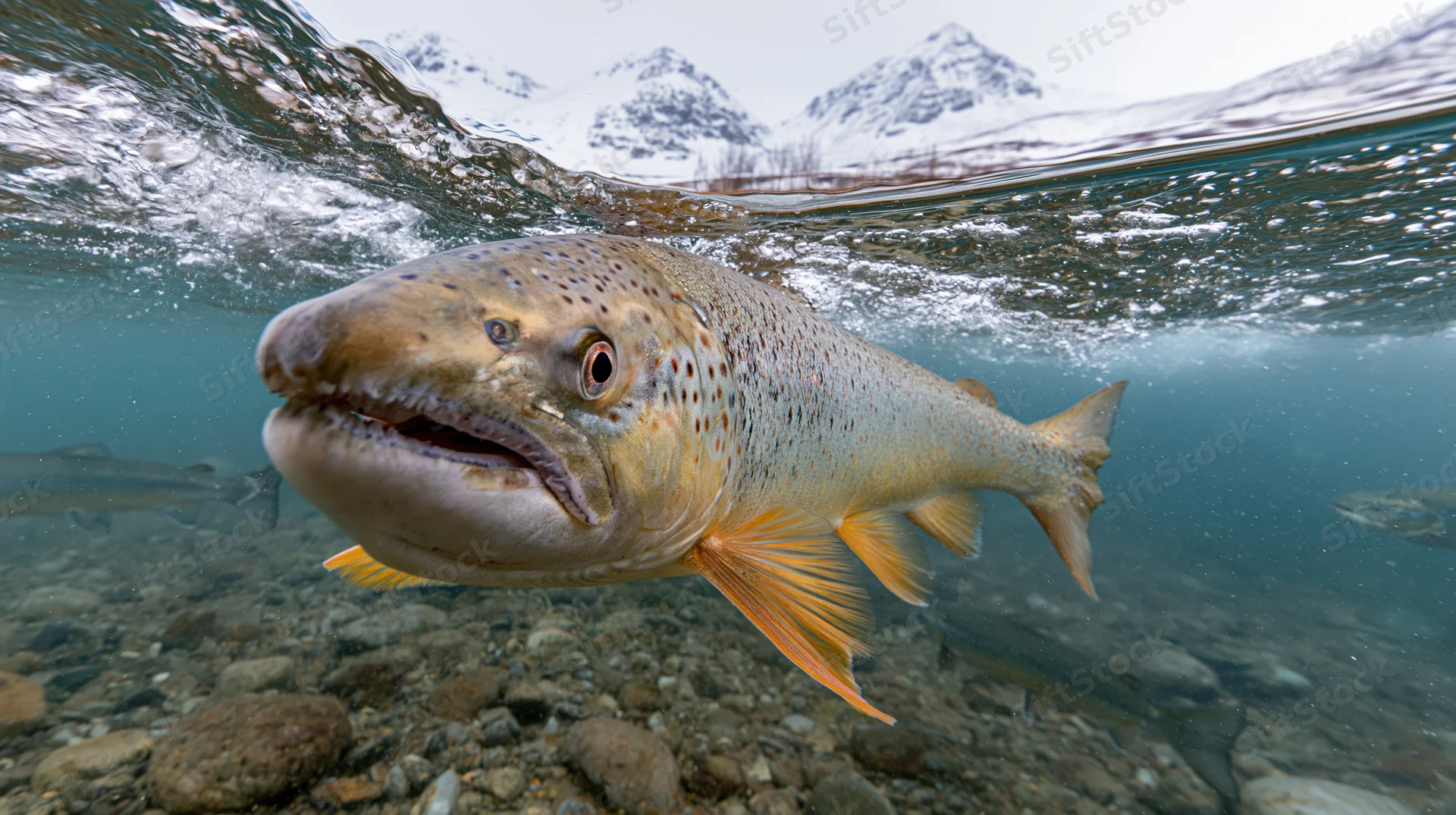 Large atlantic salmon swimming just below water surface in clear river with snow-capped mountains in background