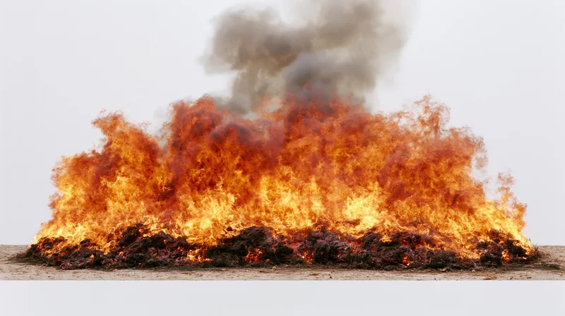 Large bonfire burning at ground level with wide horizontal spread and rising smoke