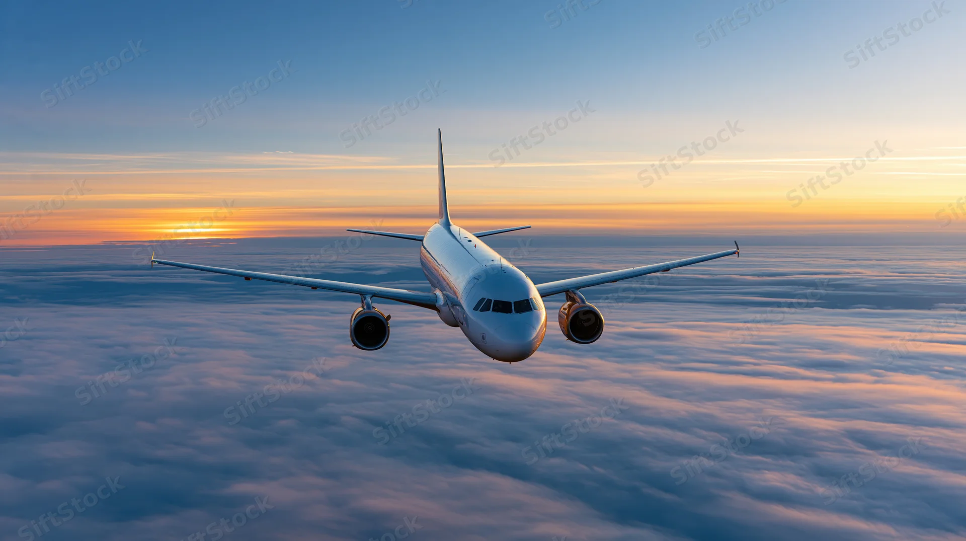 Commercial airplane flying above cloud layer at sunset