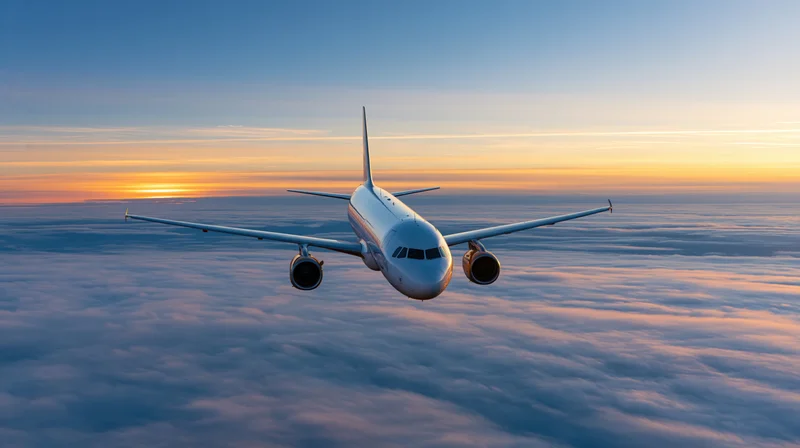 Commercial airplane flying above cloud layer at sunset