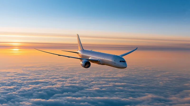 Commercial airplane flying above clouds at sunset