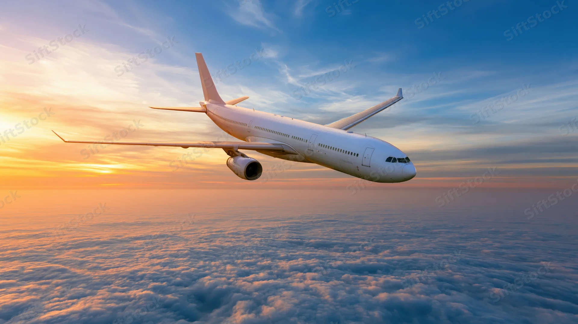 Commercial airplane flying above clouds at sunset