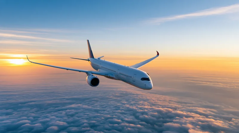 Commercial airplane flying above clouds at sunset