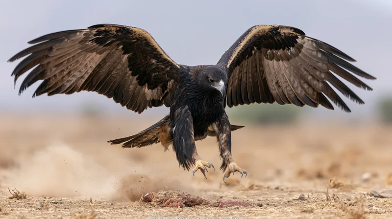 Eagle landing with wings spread on arid ground near prey