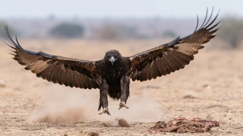 Eagle landing with wings spread on arid scrubland ground