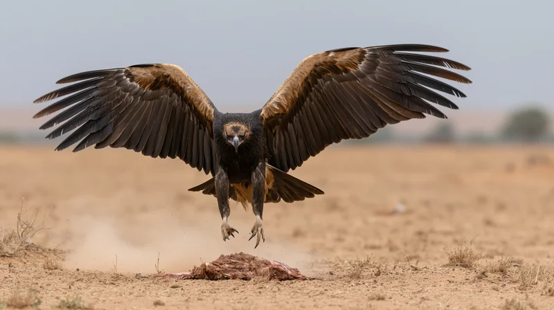 Vulture landing with wings spread on arid scrubland near a carcass