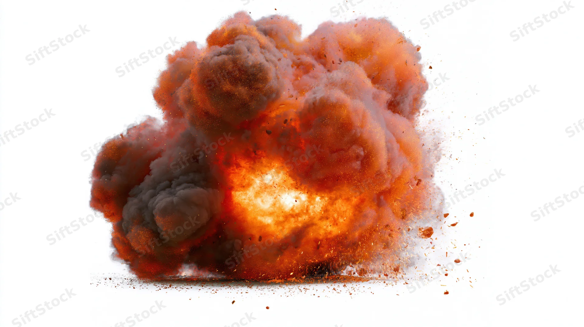 Fireball explosion mid-burst with billowing smoke and debris against white background