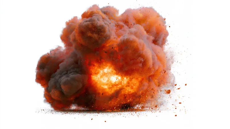 Fireball explosion mid-burst with billowing smoke and debris against white background