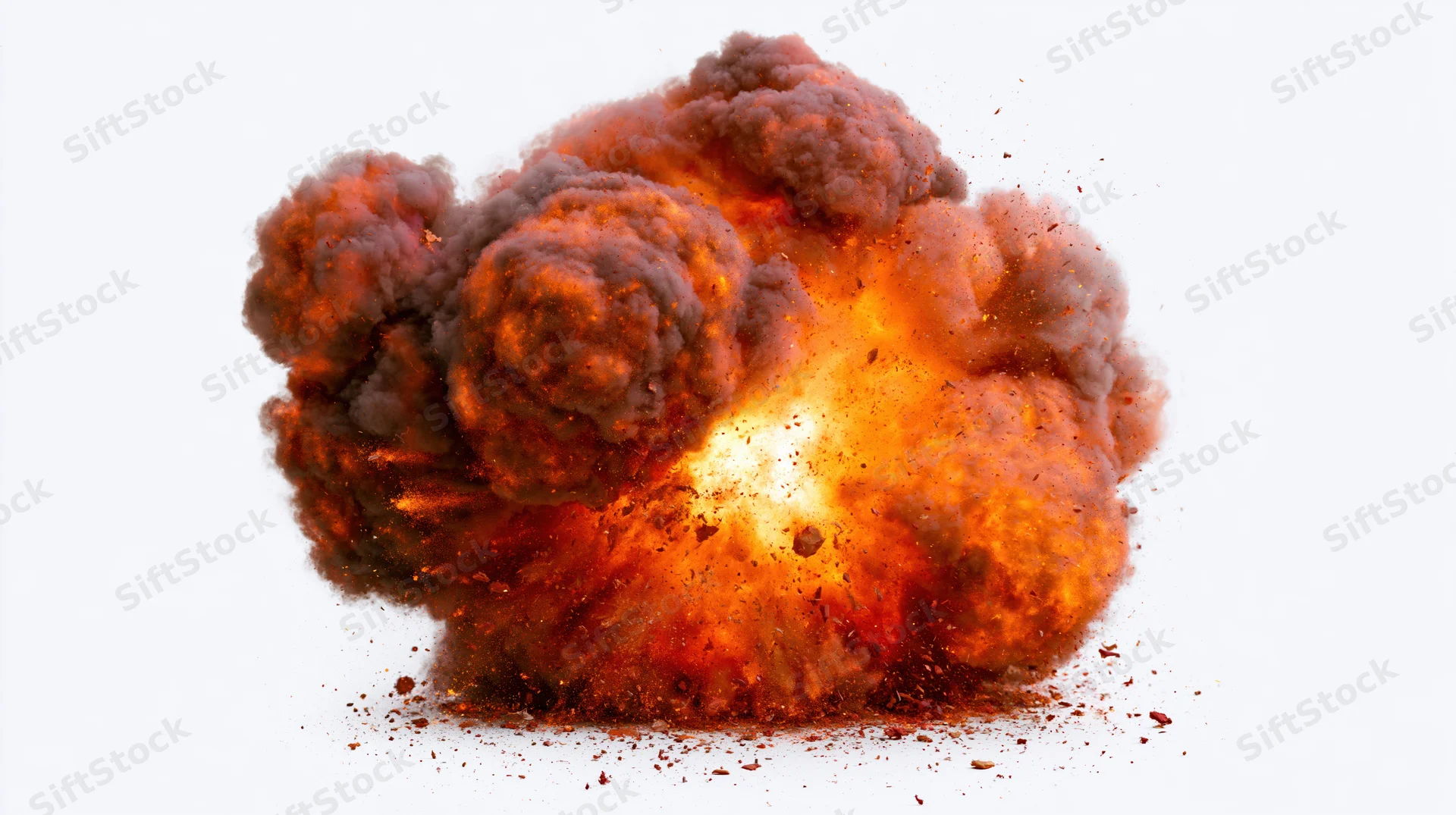 Fireball explosion mid-burst with smoke and debris against white background