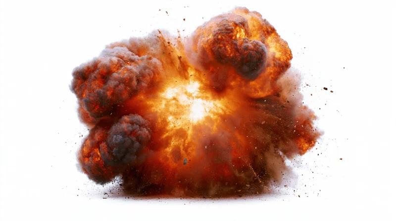 Fiery explosion mid-burst with smoke and debris against white background