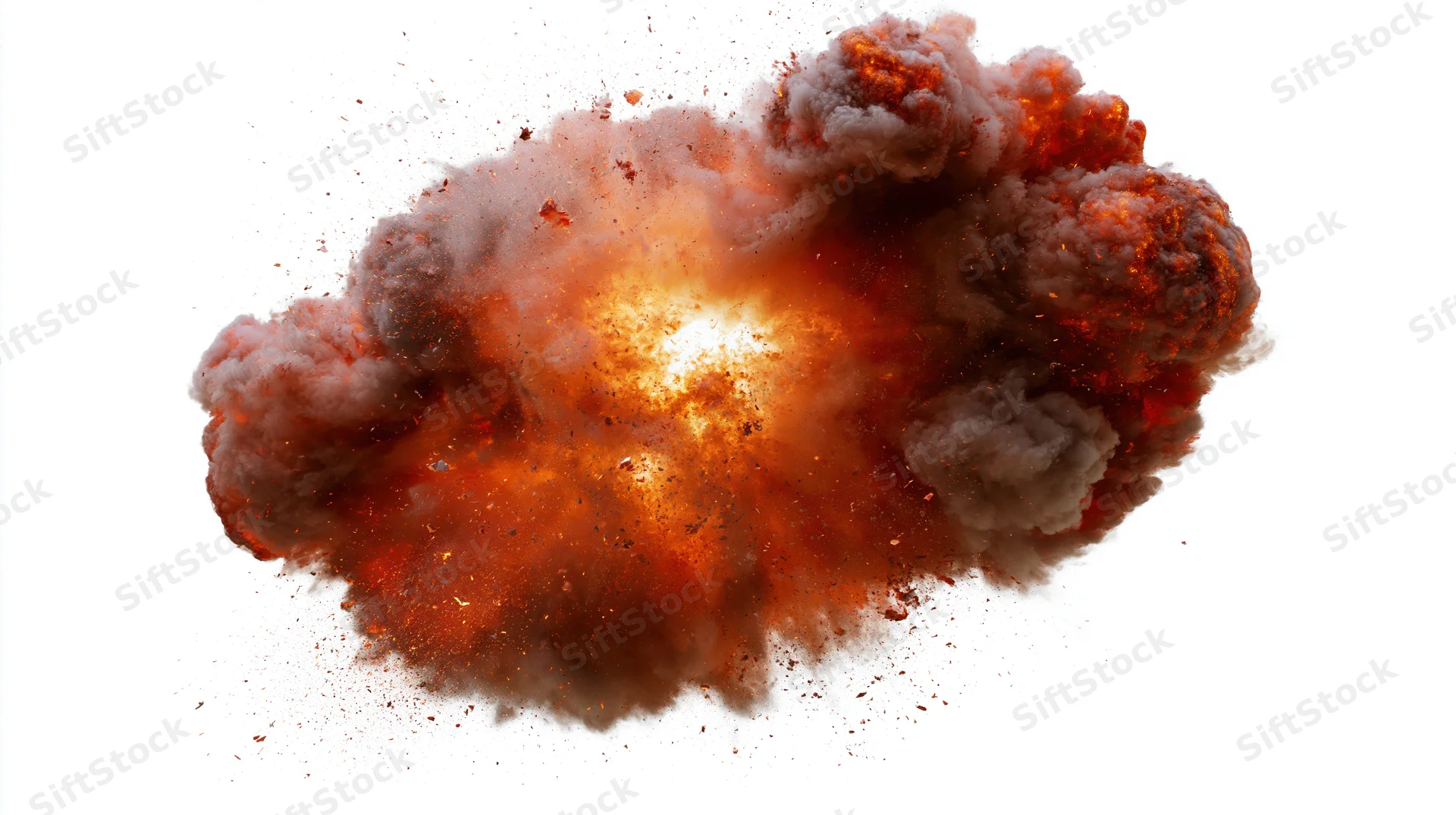 Fiery explosion mid-burst with billowing smoke and sparks against white background
