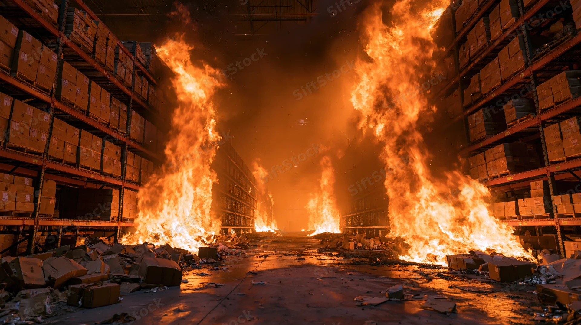 Large industrial warehouse interior engulfed in intense flames with burning shelves and debris on concrete floor