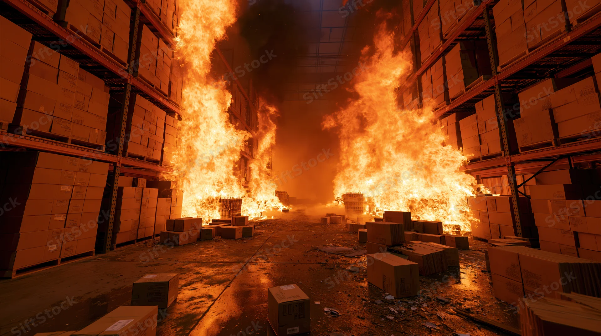 Large industrial warehouse engulfed in intense flames with burning boxes and shelves