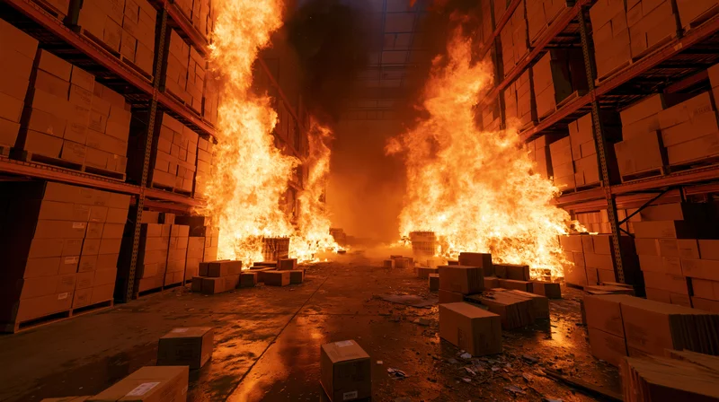 Large industrial warehouse engulfed in intense flames with burning boxes and shelves