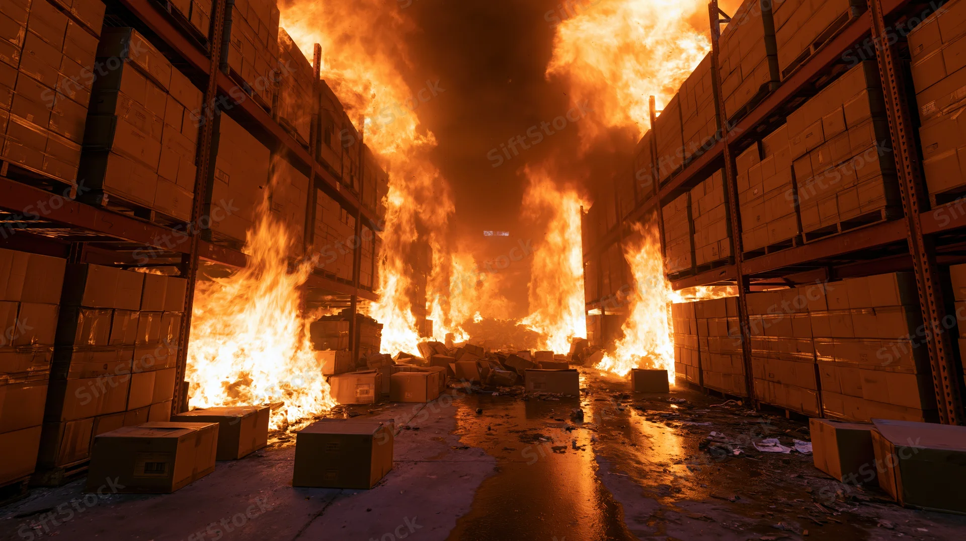 Large industrial warehouse engulfed in intense flames with burning boxes and shelves at night