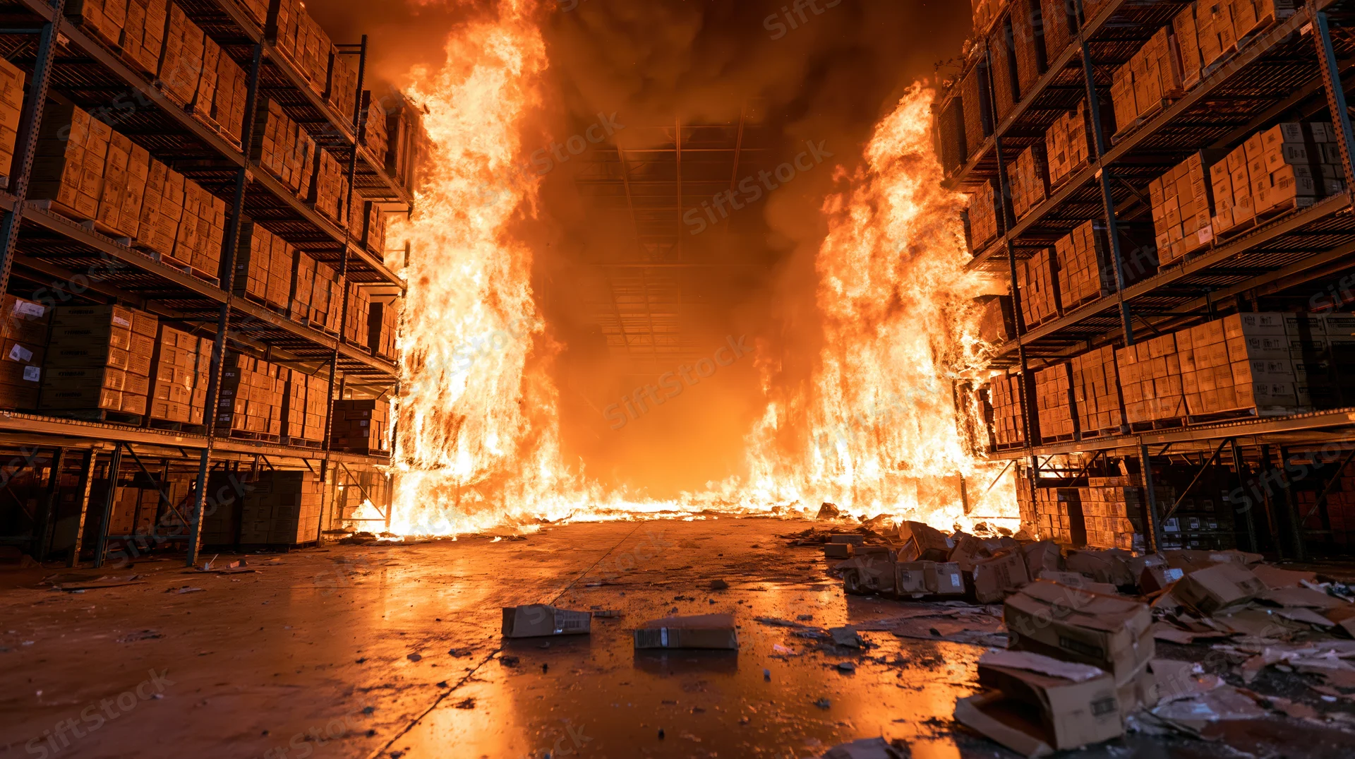 Large industrial warehouse interior engulfed in intense flames with burning shelves and scattered debris